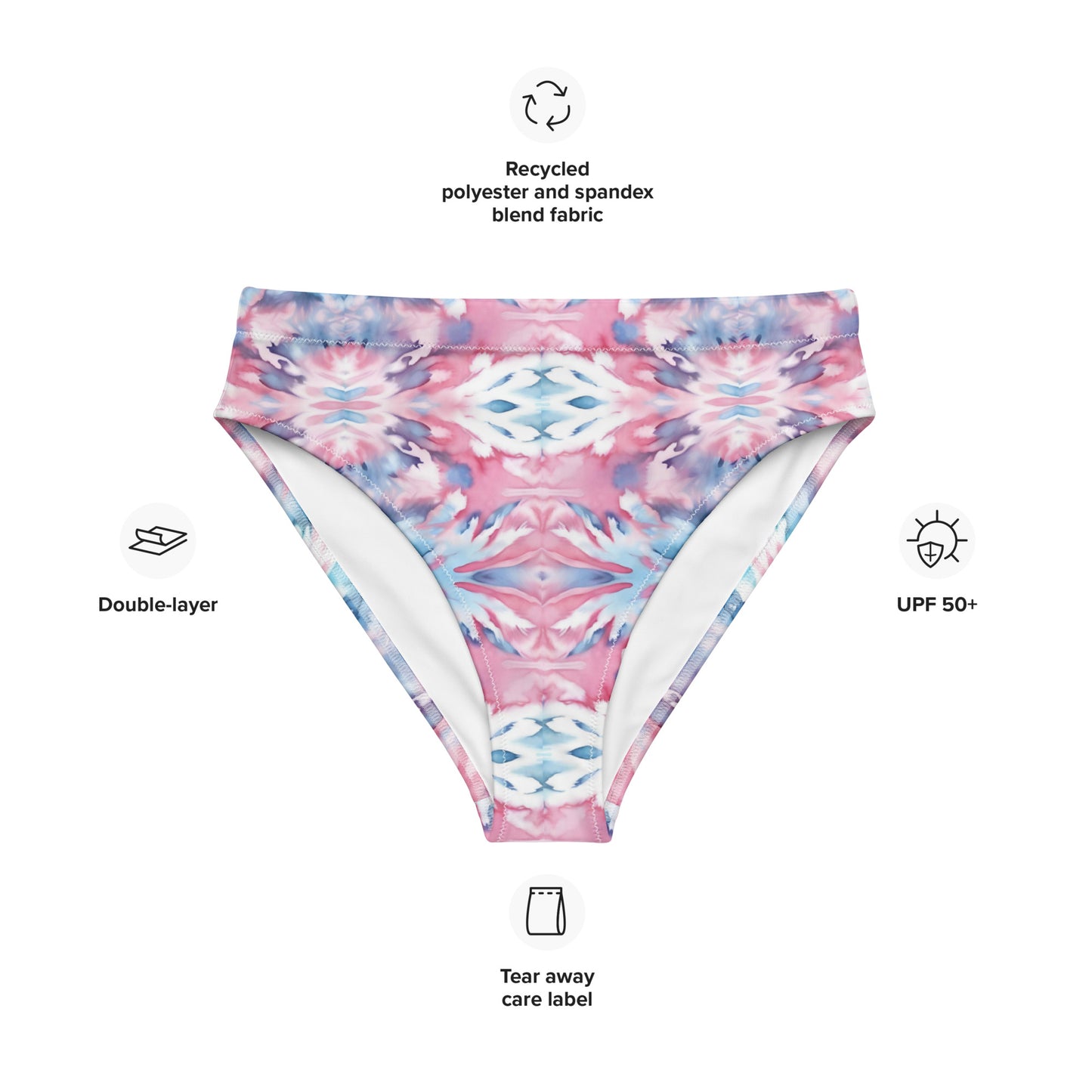 URCHIN-'CORAL SEA' Pink and Blue Tie Dye. Recycled High Waisted Bikini Bottom. Choice of Sizes.