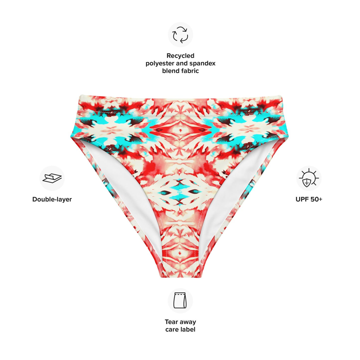 URCHIN Clothes & Swimwear. 'CORAL SEA' Red and Blue Tie Dye. Recycled High Waisted Bikini bottom. Choice of Sizes.