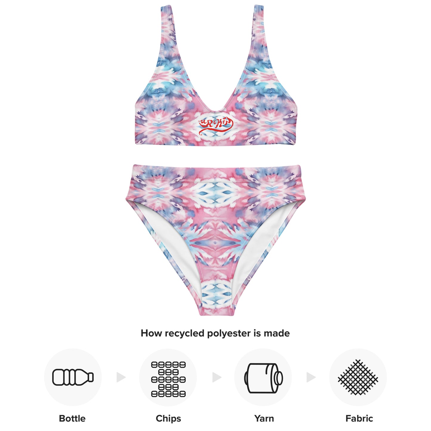 URCHIN-'CORAL SEA' Pink and Blue. Recycled High Waisted Bikini. Choice of Sizes.