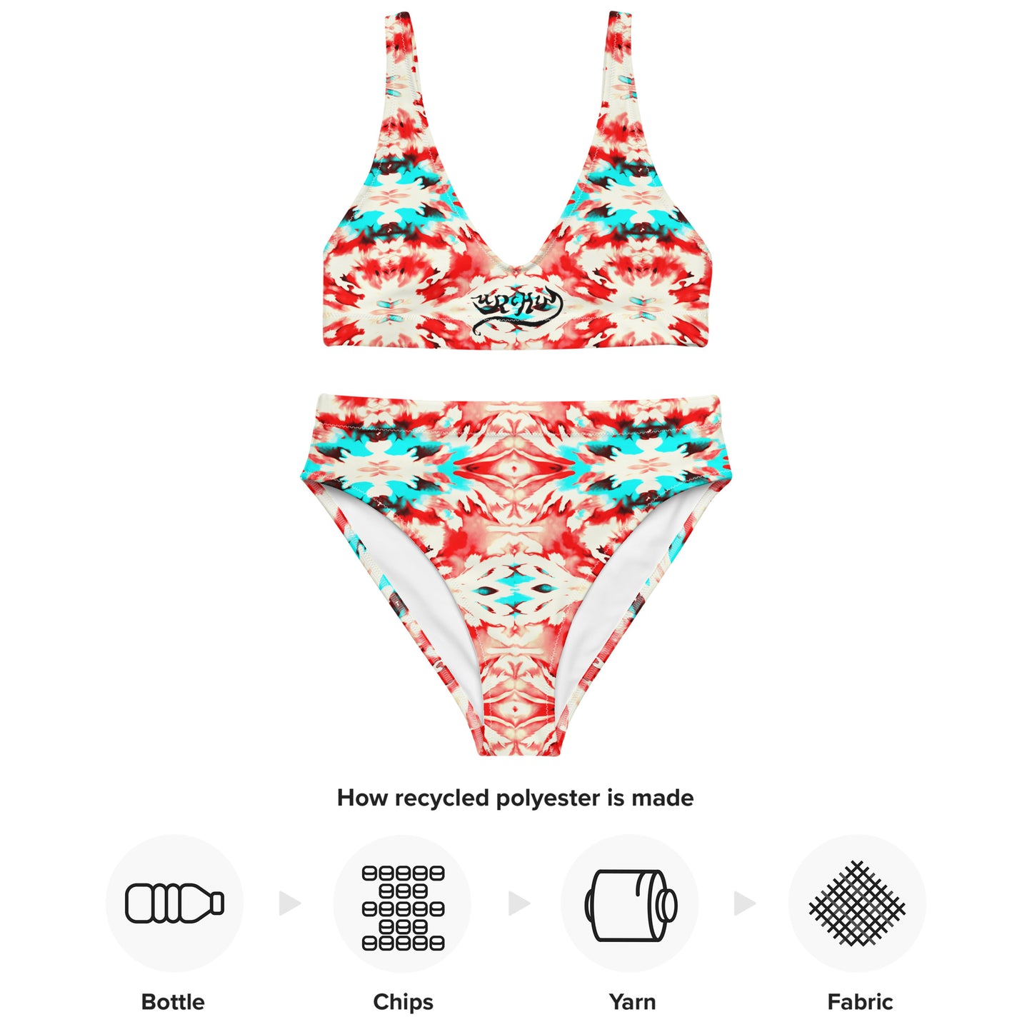 URCHIN Clothes & Swimwear. 'CORAL SEA' Red and Blue Tie Dye. Recycled High Waisted Bikini. Choice of Sizes.