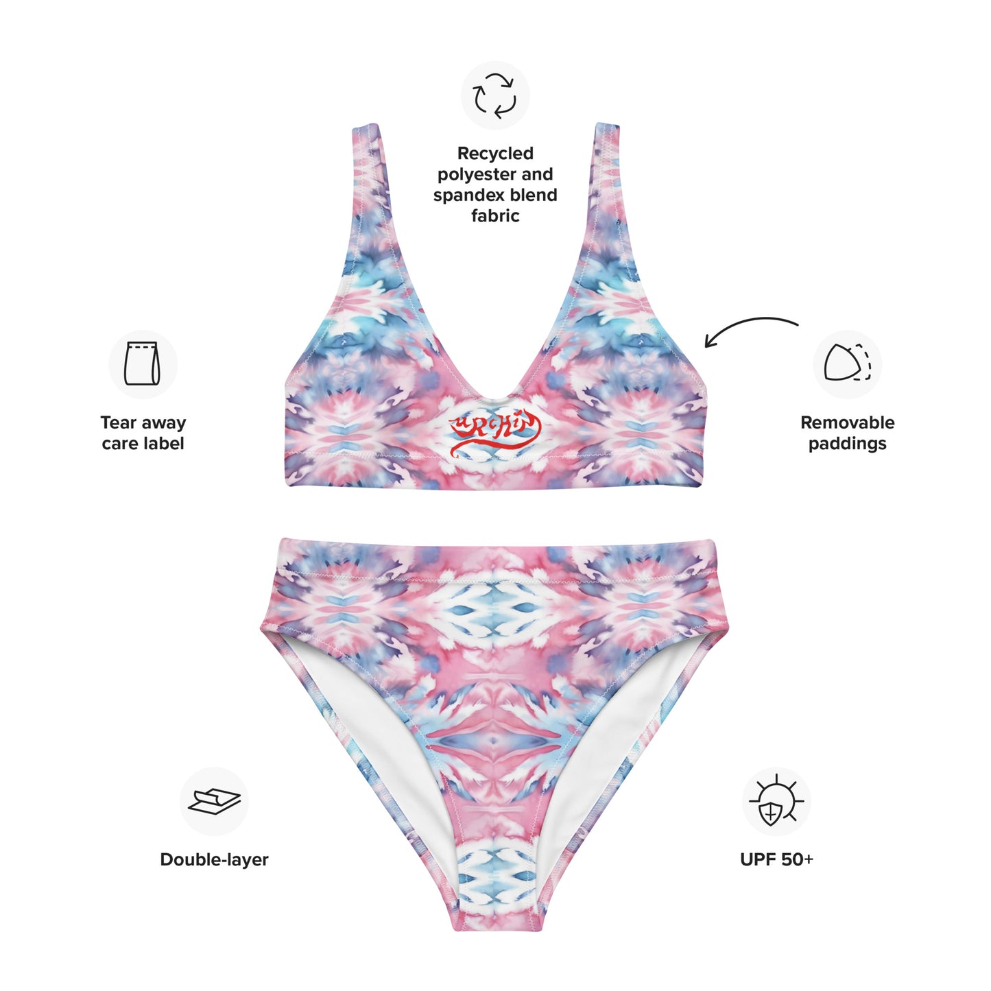 URCHIN-'CORAL SEA' Pink and Blue. Recycled High Waisted Bikini. Choice of Sizes.