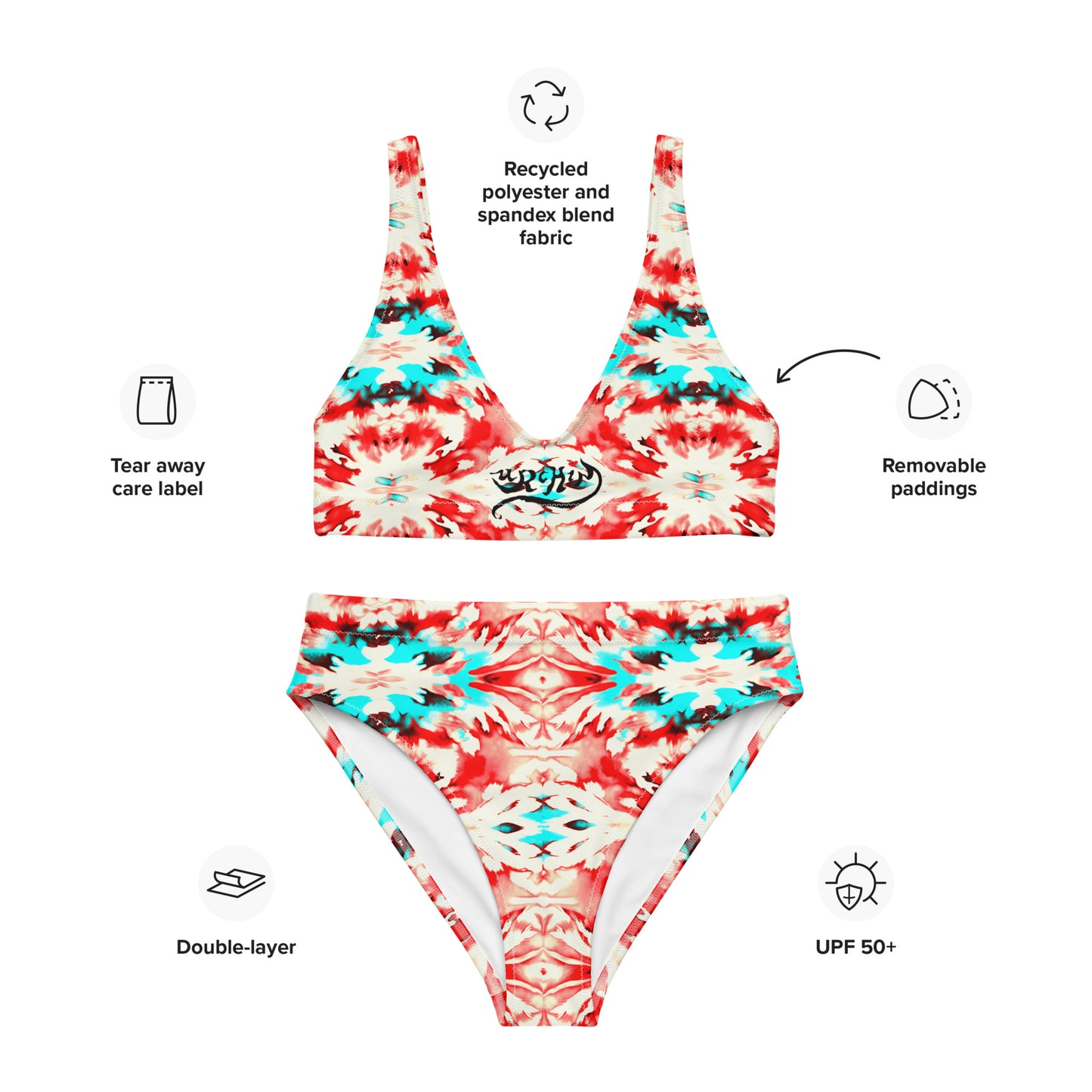 URCHIN Clothes & Swimwear. 'CORAL SEA' Red and Blue Tie Dye. Recycled High Waisted Bikini. Choice of Sizes.