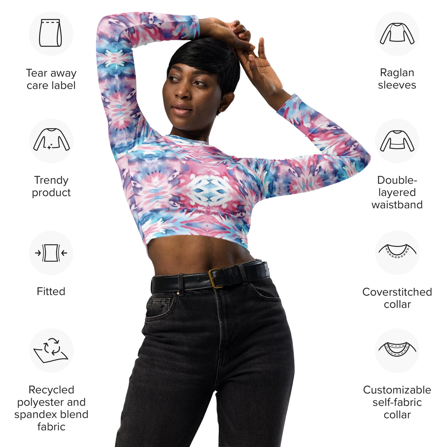 URCHIN Clothes & Sportswear 'CORAL SEA' Pink and Blue Tie Dye. Recycled Long-Sleeve Crop Top. Choice of Sizes.