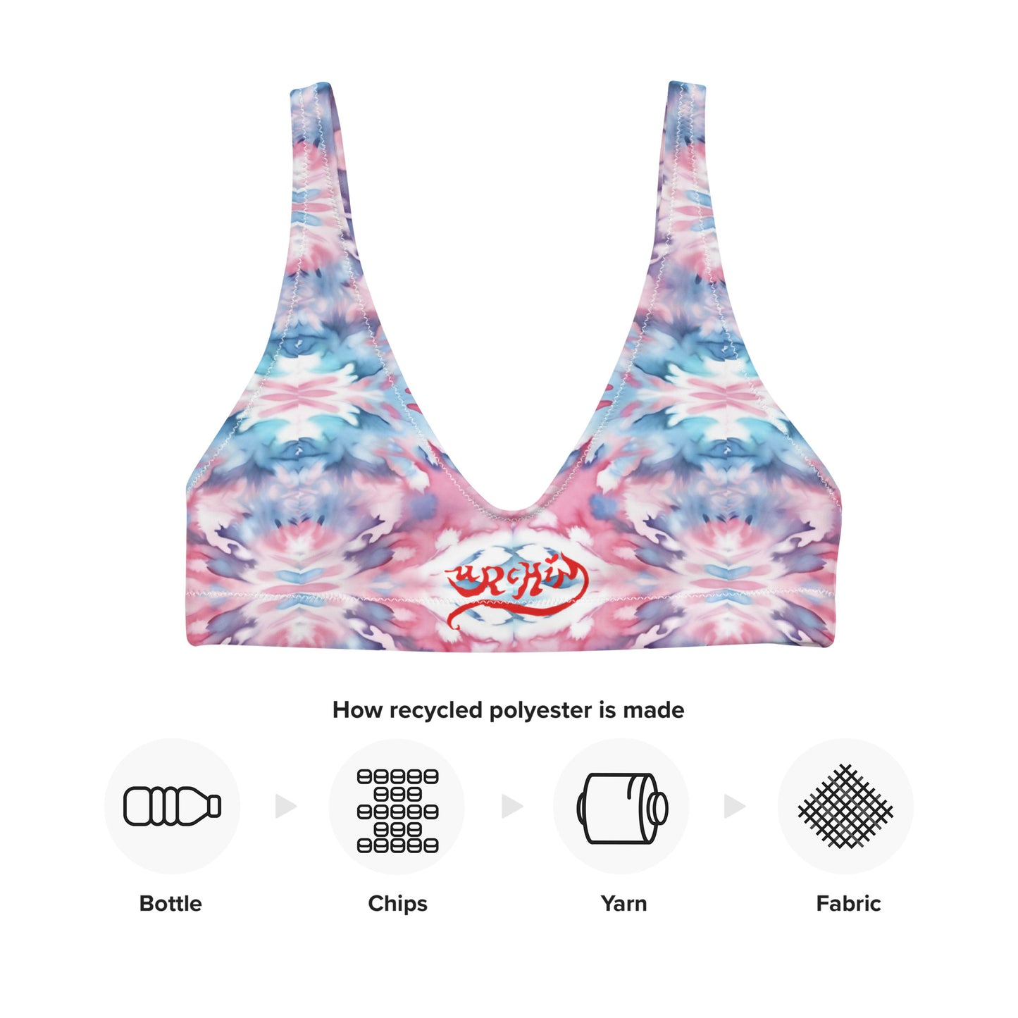 URCHIN-'CORAL SEA' Pink and Blue Tie Dye. Recycled Padded Bikini Top. Choice of Sizes.