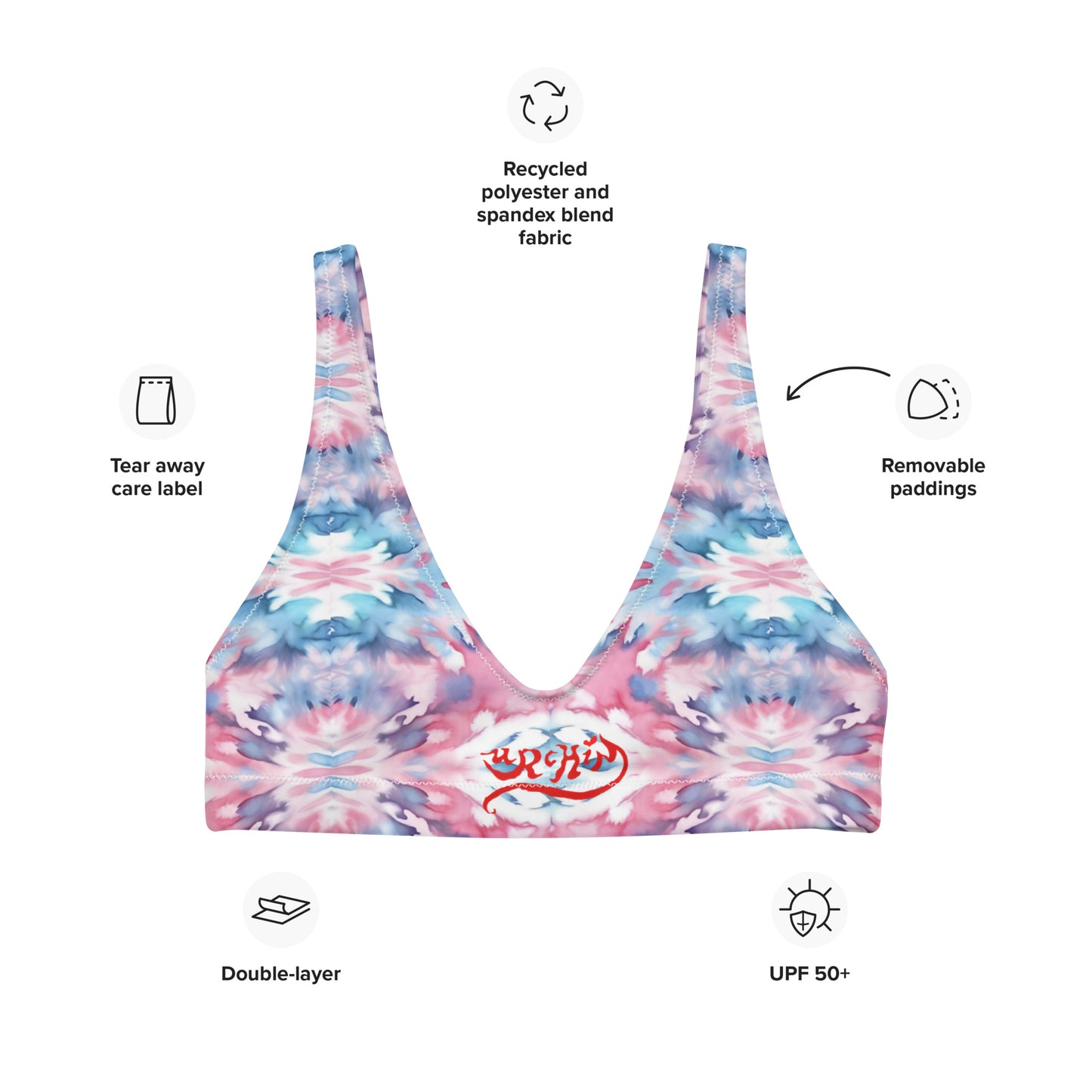 URCHIN-'CORAL SEA' Pink and Blue Tie Dye. Recycled Padded Bikini Top. Choice of Sizes.