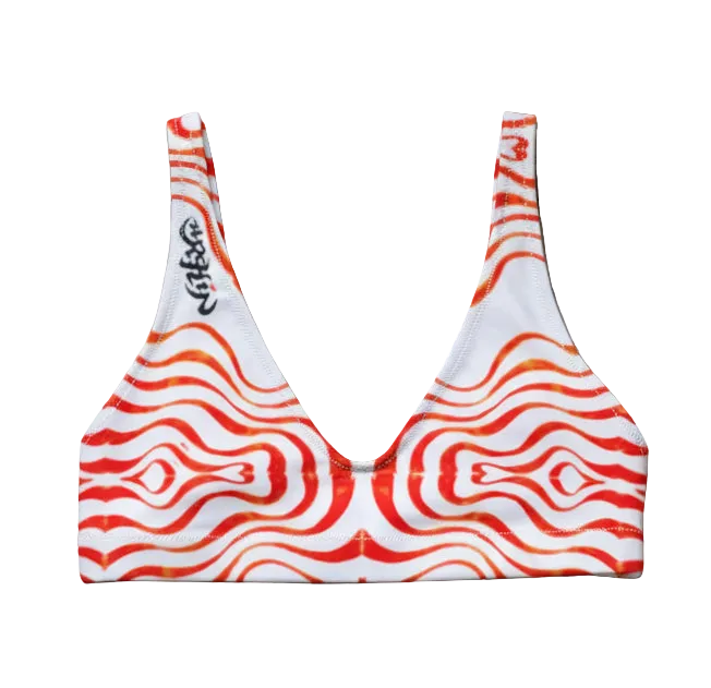 URCHIN Swimwear. 'TATTOO WAVE' RED SYRIPE. Recycled padded bikini top. Choice of Sizes.