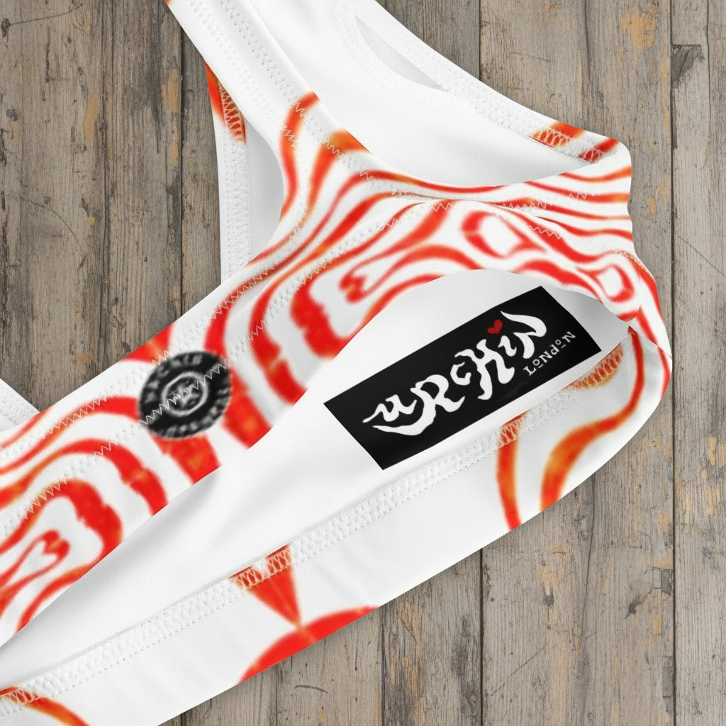URCHIN Swimwear. 'TATTOO WAVE' RED SYRIPE. Recycled padded bikini top. Choice of Sizes.