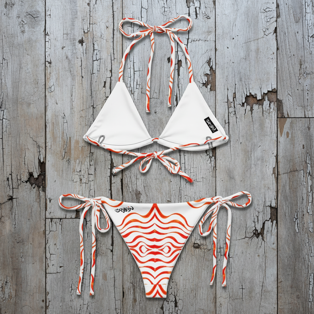 URCHIN Swimwear. 'TATTOO WAVE' RED. Recycled string bikini. Choice of Sizes.