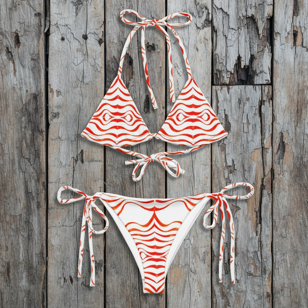 URCHIN Swimwear. 'TATTOO WAVE' RED. Recycled string bikini. Choice of Sizes.