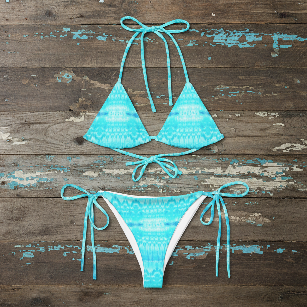 URCHIN 'AZURE' Original Tie Dye Fabric Design Print. Recycled string bikini