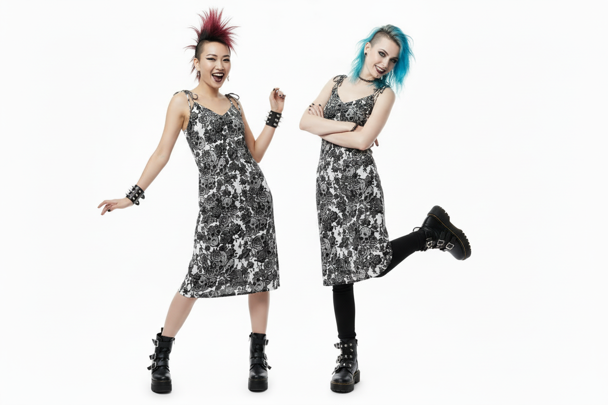 DARK URCHIN-'Skull Storm' Tie-strap midi dress. Colour 'Silver' ( light Grey). Choice of Sizes.