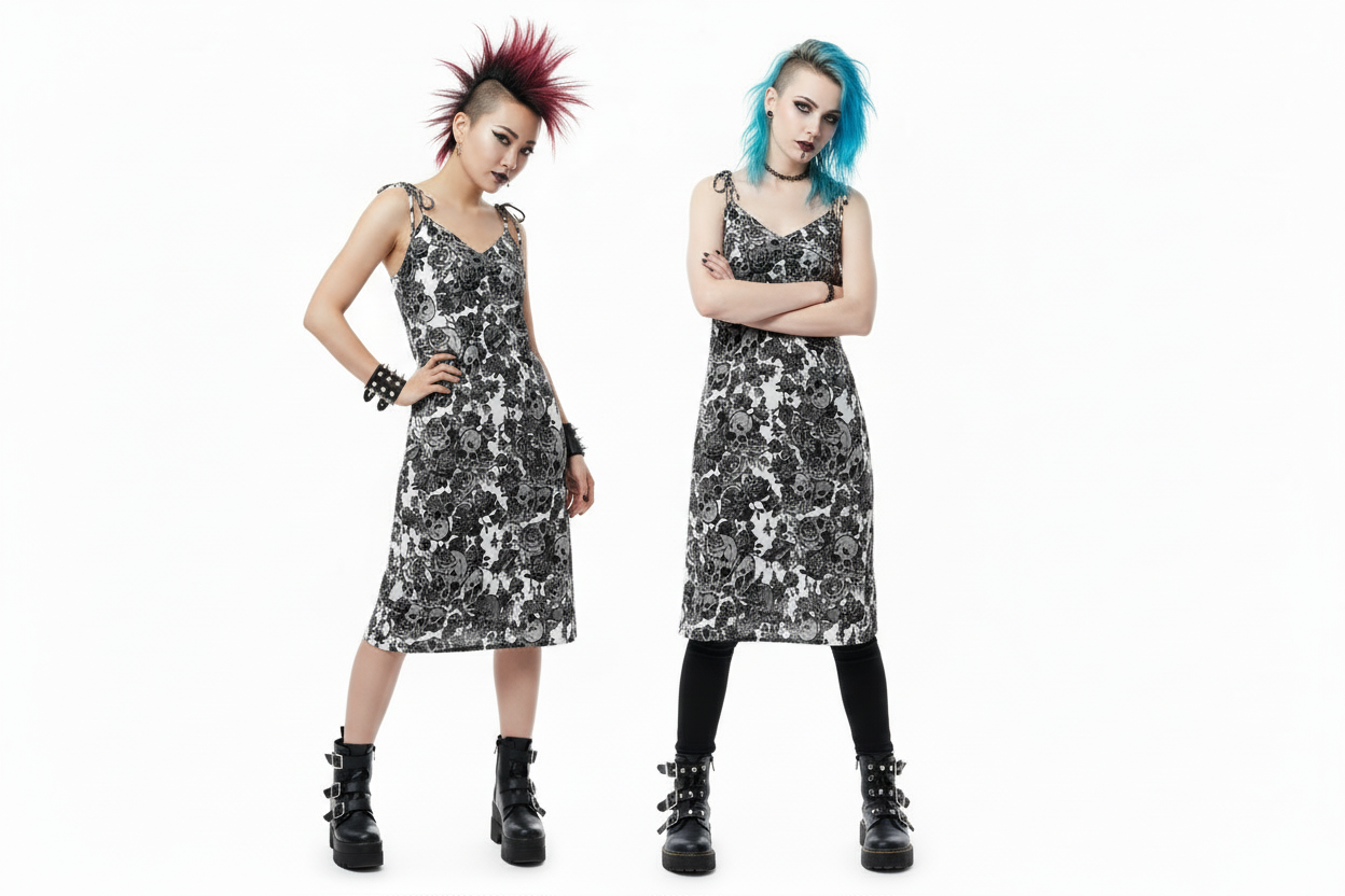 DARK URCHIN-'Skull Storm' Tie-strap midi dress. Colour 'Silver' ( light Grey). Choice of Sizes.