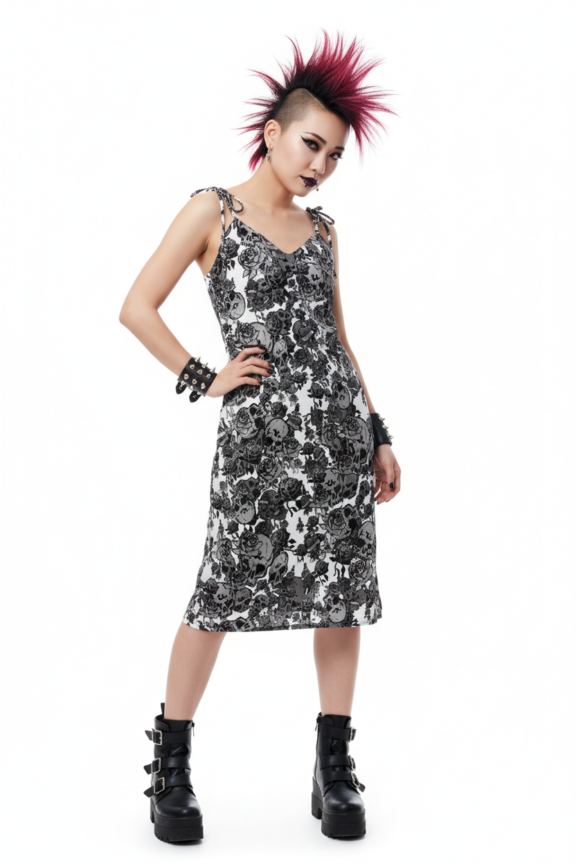 DARK URCHIN-'Skull Storm' Tie-strap midi dress. Colour 'Silver' ( light Grey). Choice of Sizes.