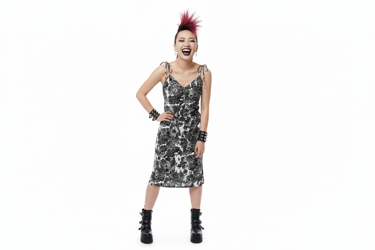 DARK URCHIN-'Skull Storm' Tie-strap midi dress. Colour 'Silver' ( light Grey). Choice of Sizes.