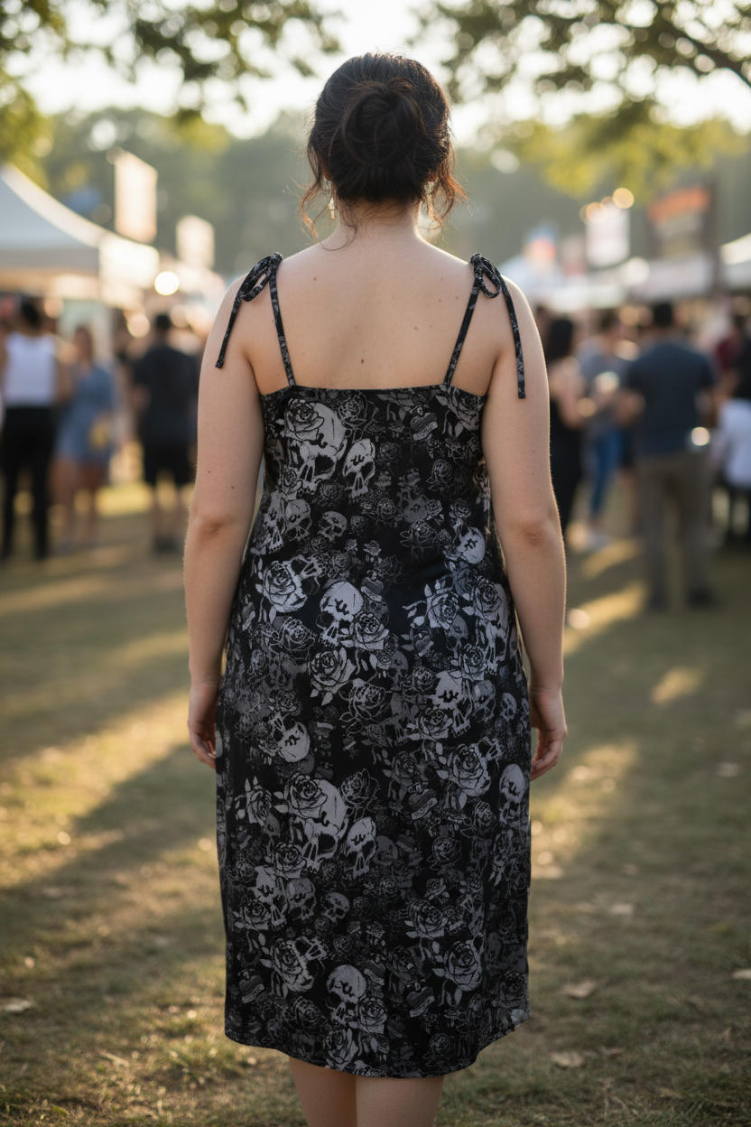 DARK URCHIN-'Skull Storm' Tie-strap midi dress. Colour 'Night' (Black).