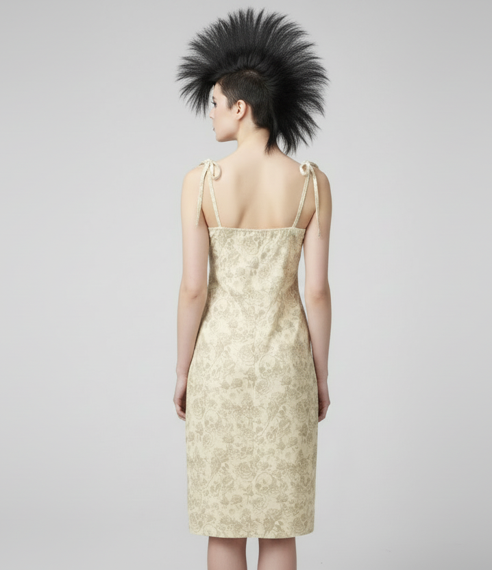 DARK URCHIN SKULL STORM 'IVORY' Colour Biscuit. Tie-strap midi dress