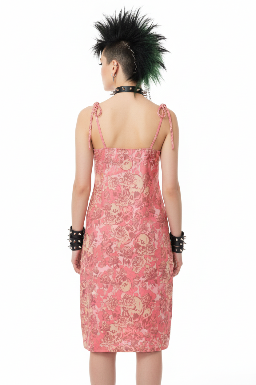 DARK URCHIN SKULL STORM 'STRAWBERRIES & CREAM' Colour 'Blush Pink'. Tie-strap midi dress
