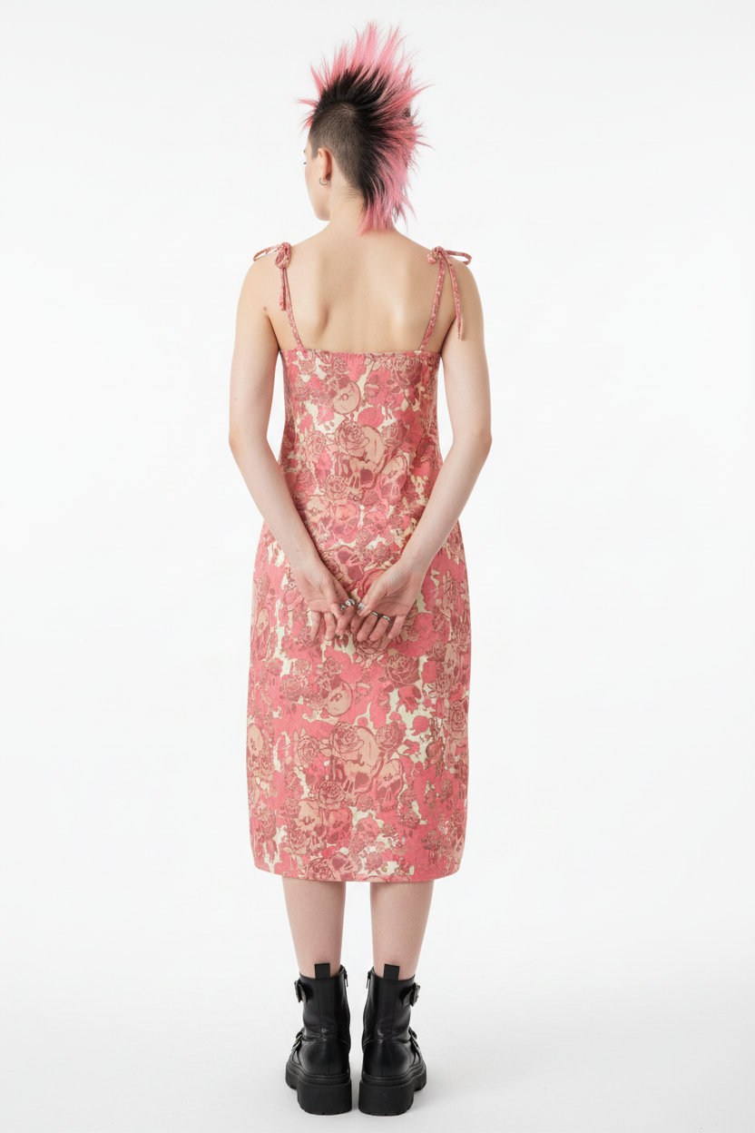 DARK URCHIN SKULL STORM 'STRAWBERRIES & CREAM' Colour- 'Champagne'. Tie-strap midi dress