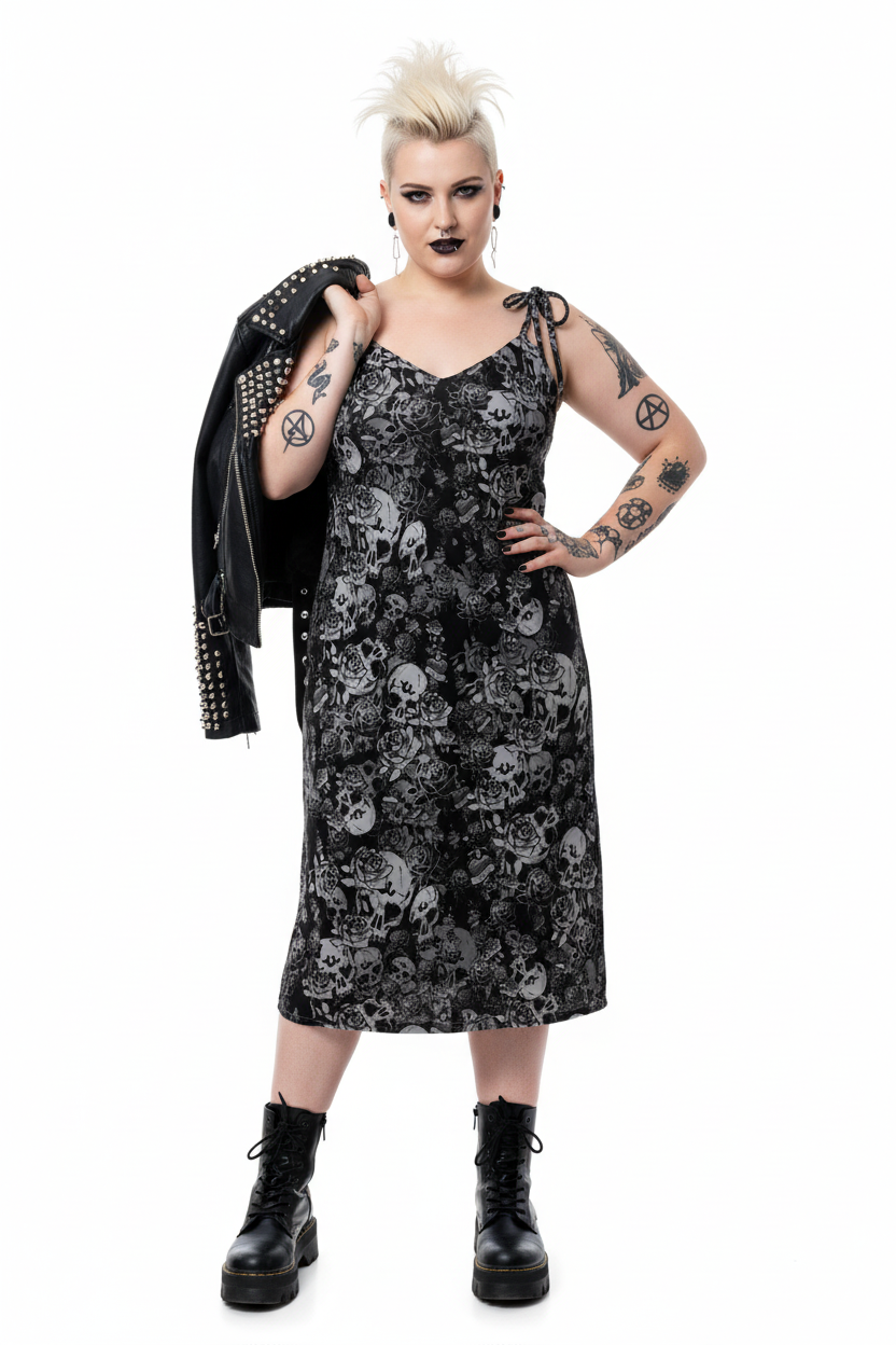 DARK URCHIN-'Skull Storm' Tie-strap midi dress. Colour 'Night' (Black).
