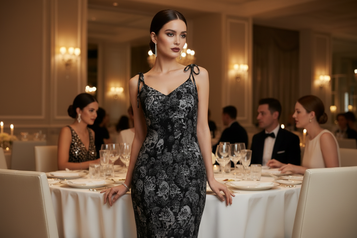 DARK URCHIN-'Skull Storm' Tie-strap midi dress. Colour 'Night' (Black).