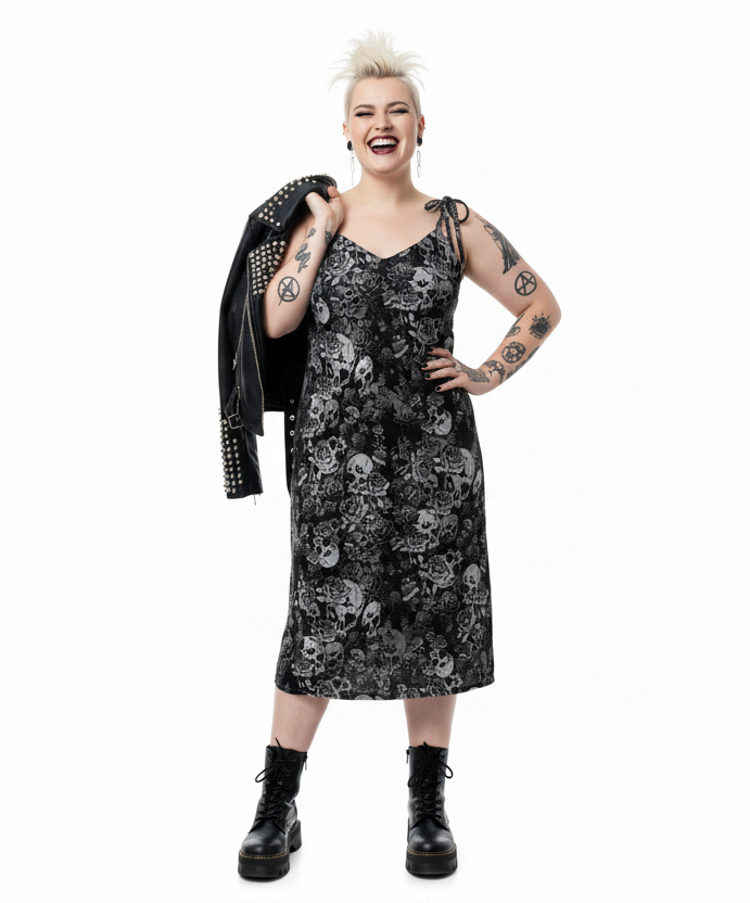 DARK URCHIN-'Skull Storm' Tie-strap midi dress. Colour 'Night' (Black).