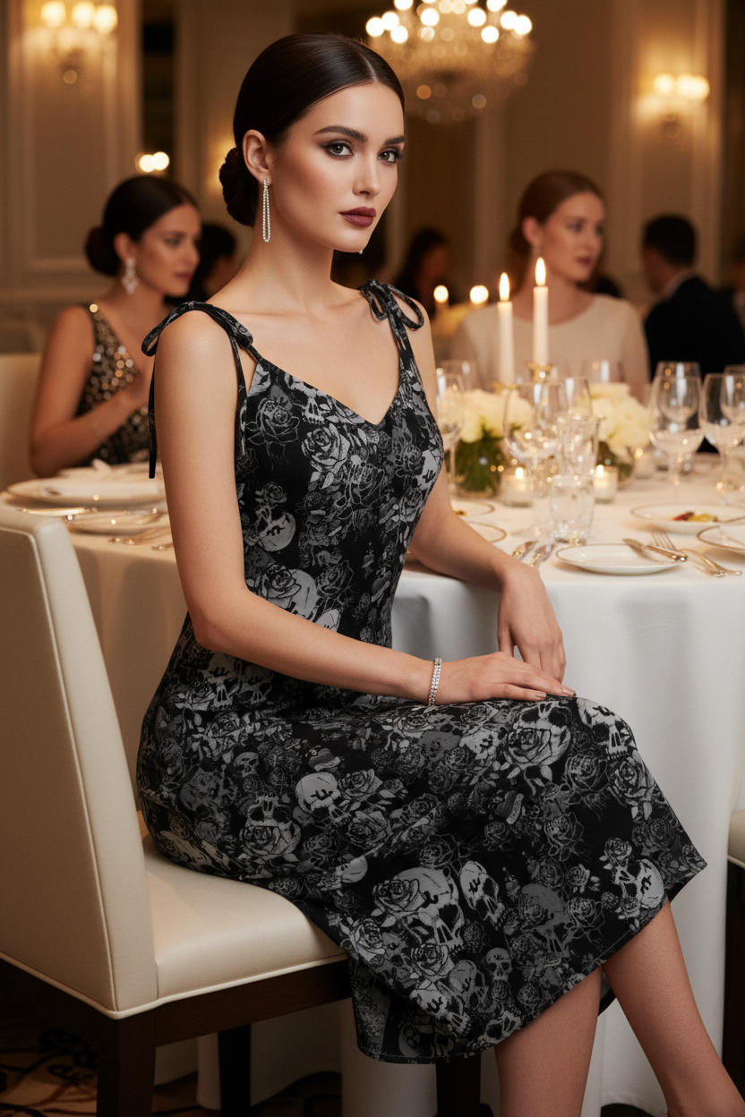 DARK URCHIN-'Skull Storm' Tie-strap midi dress. Colour 'Night' (Black).