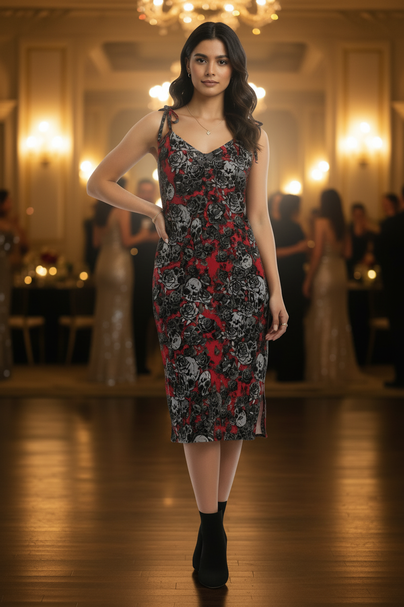 DARK URCHIN-'U Skull Storm' Skulls, Hearts Daggers, & Roses Tattoo Design. Tie-strap midi dress. Colour 'Grape'(Red) Choice of Sizes.