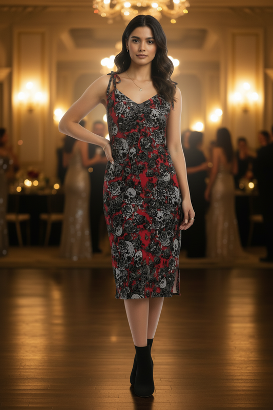 DARK URCHIN-'U Skull Storm' Skulls, Hearts Daggers, & Roses Tattoo Design. Tie-strap midi dress. Colour 'Grape'(Red) Choice of Sizes.