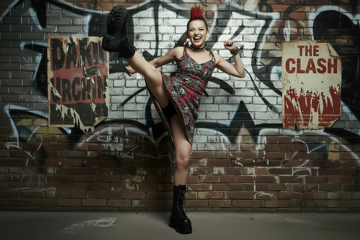 DARK URCHIN 'Skull Storm' Tie-strap midi dress. Colour 'Grape'(Red).