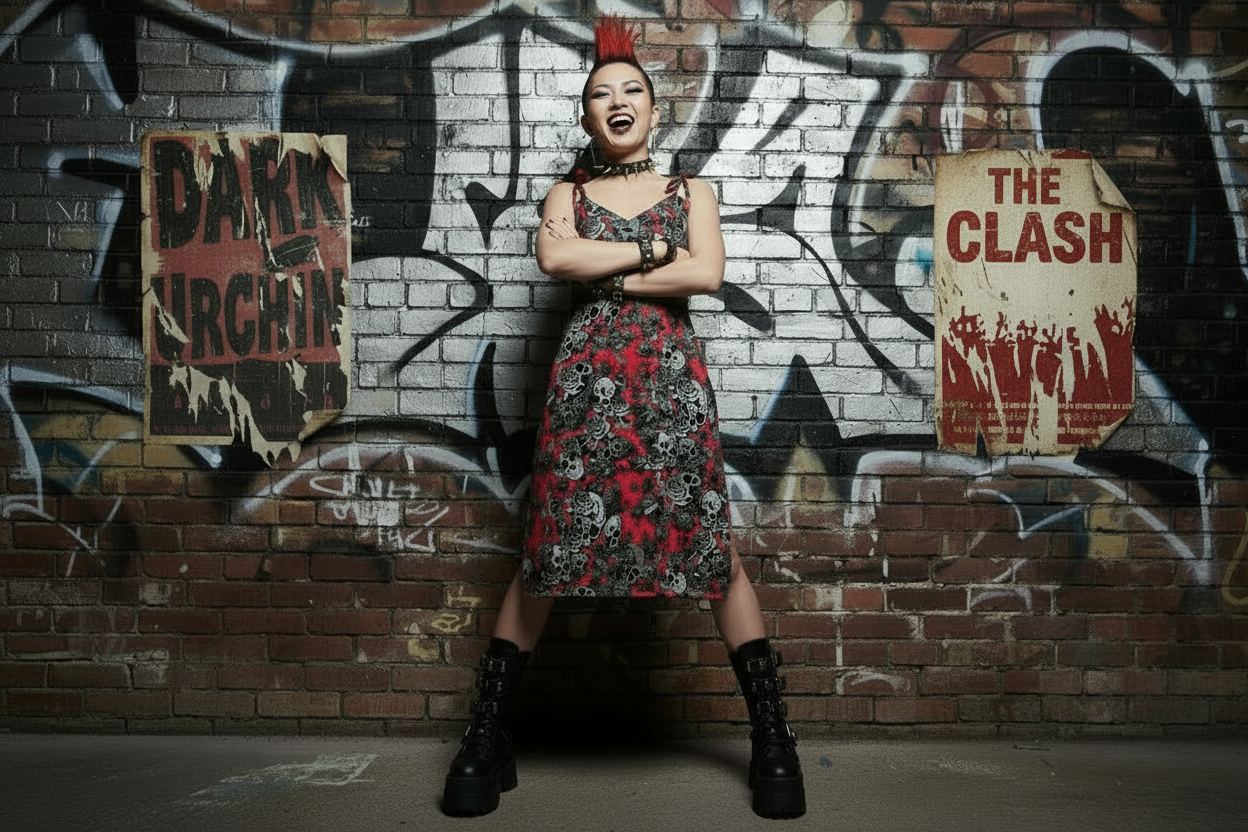 DARK URCHIN 'Skull Storm' Tie-strap midi dress. Colour 'Grape'(Red).