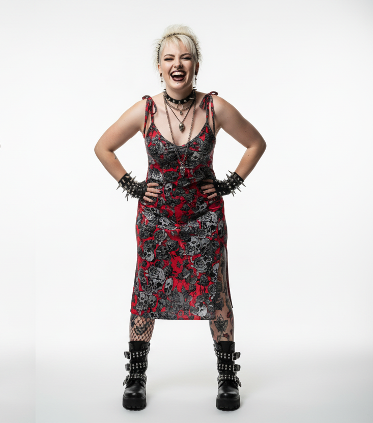 DARK URCHIN 'Skull Storm' Tie-strap midi dress. Colour 'Grape'(Red).