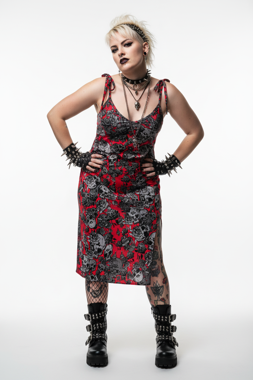 DARK URCHIN 'Skull Storm' Tie-strap midi dress. Colour 'Grape'(Red).