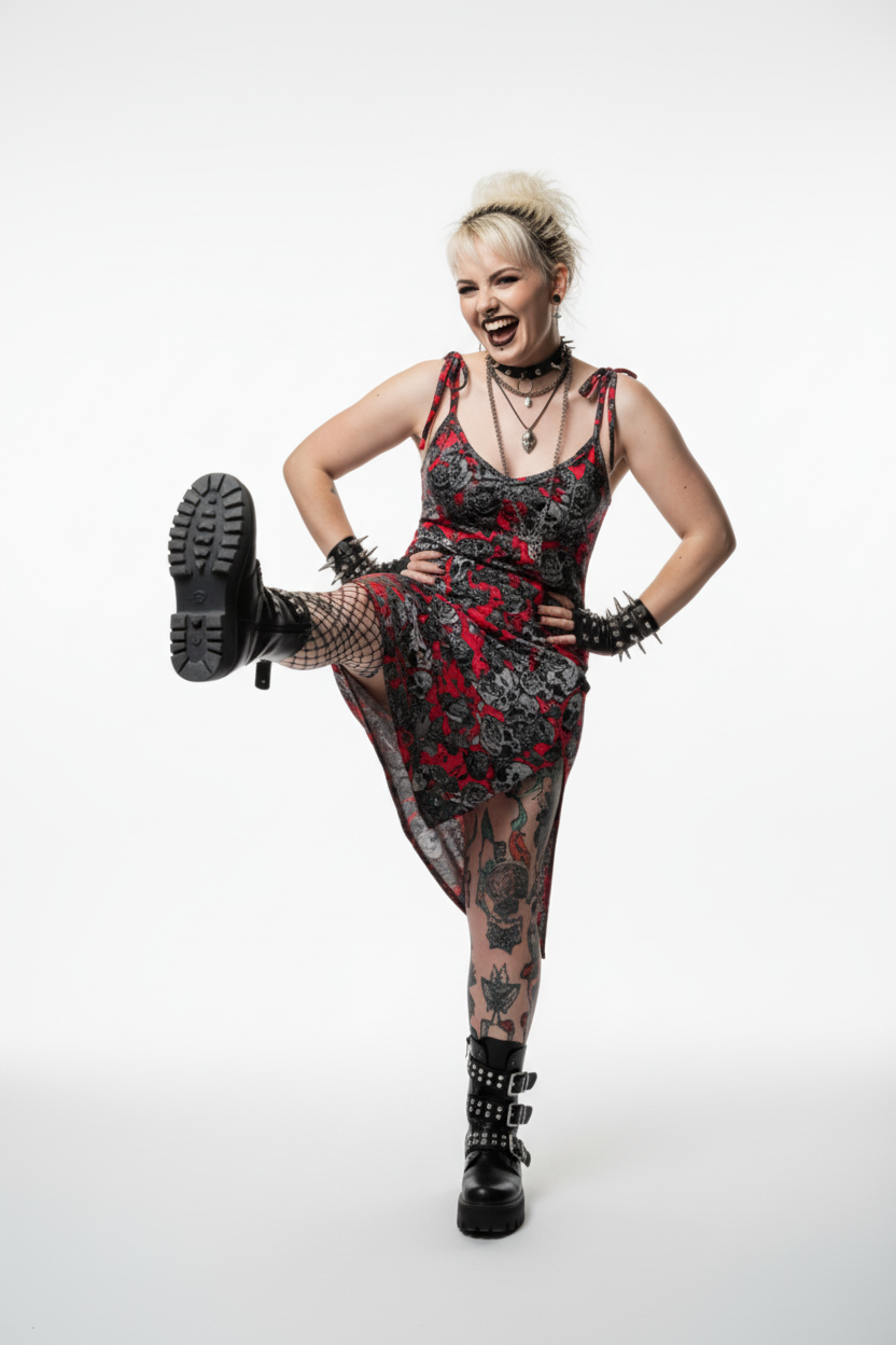 DARK URCHIN 'Skull Storm' Tie-strap midi dress. Colour 'Grape'(Red).