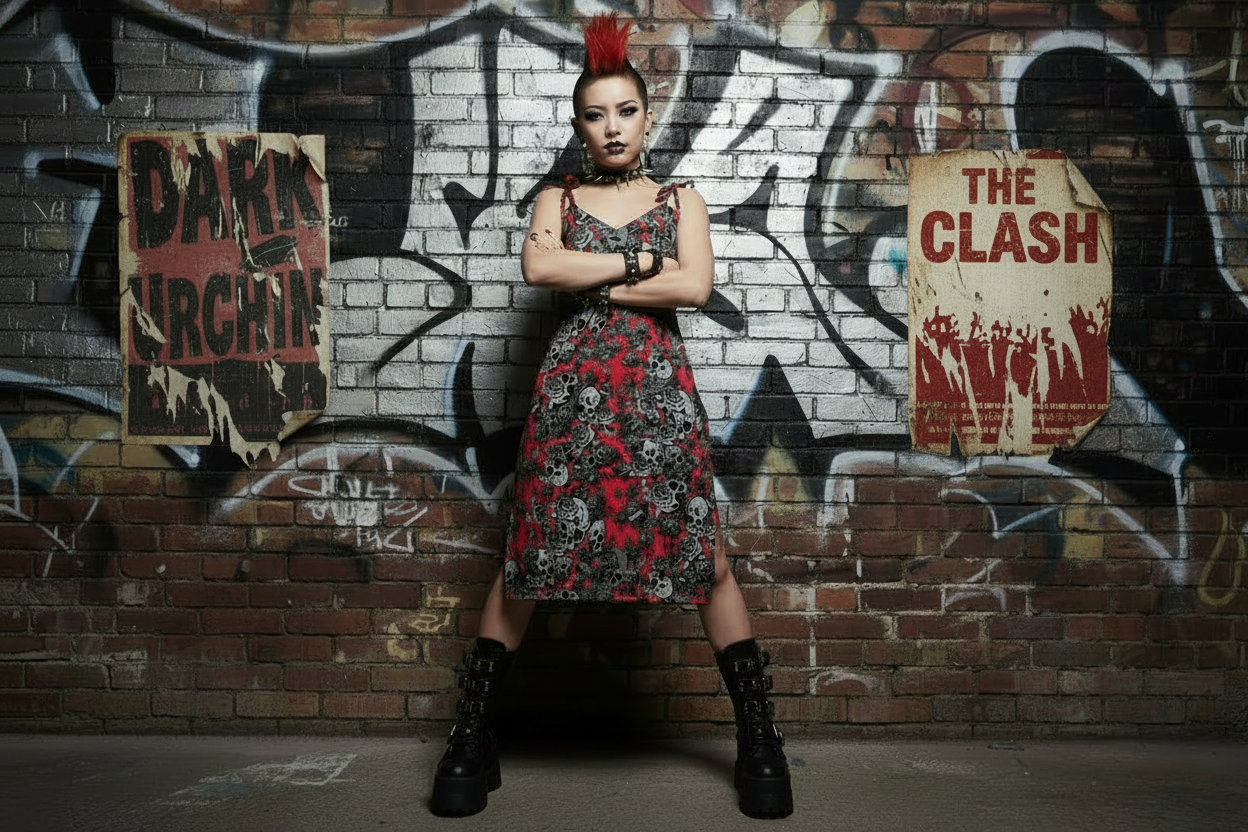 DARK URCHIN 'Skull Storm' Tie-strap midi dress. Colour 'Grape'(Red).