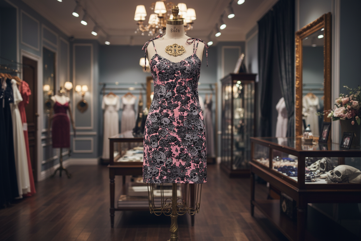 DARK URCHIN 'Skull Storm' Tie-strap midi dress. Colour 'Blush' ( Deep Pink) Choice of Sizes.