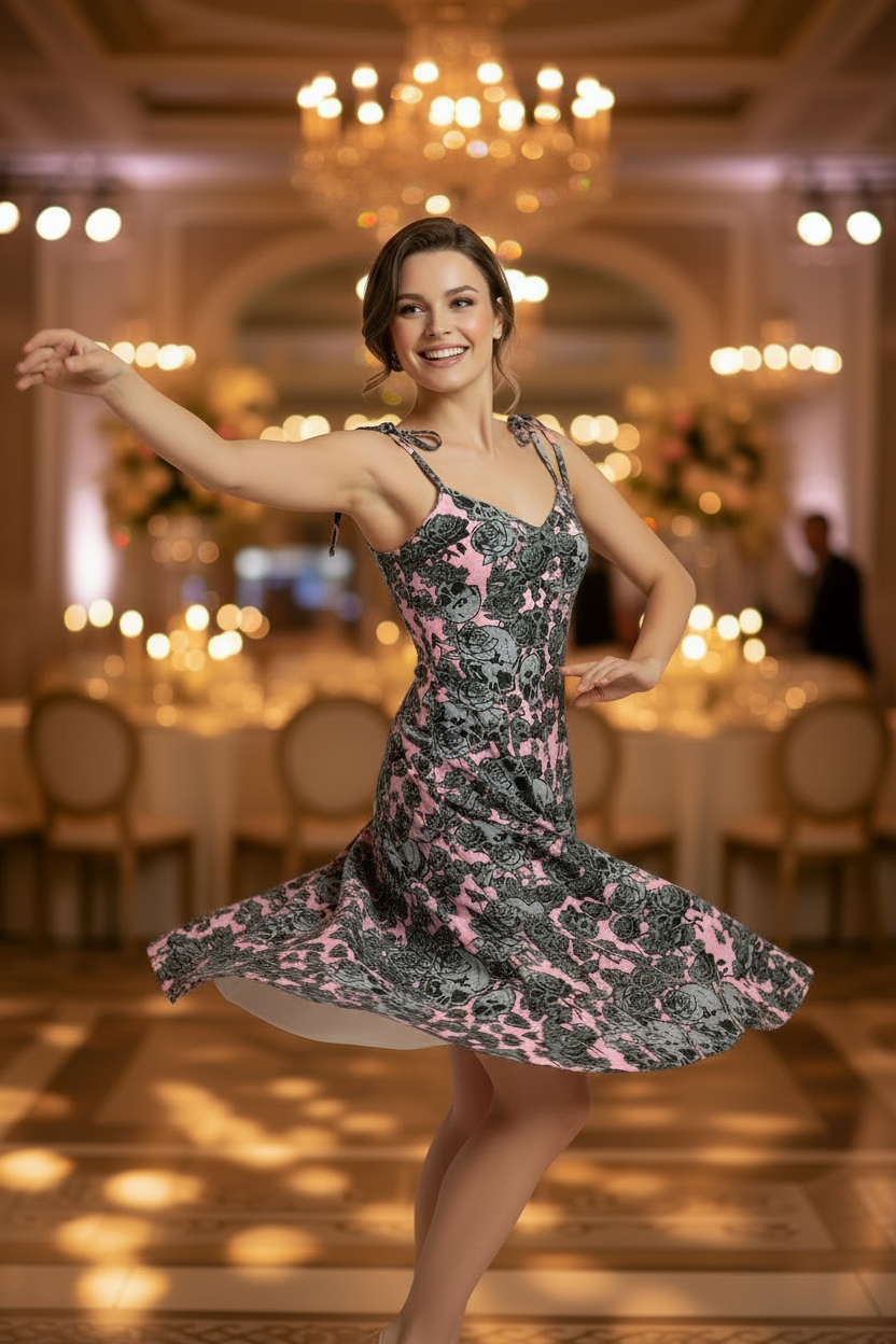 DARK URCHIN-'U Skull Storm' Skulls, Hearts Daggers, & Roses Tattoo Design. Tie-strap midi dress. Colour 'Blush' ( Deep Pink) Choice of Sizes.