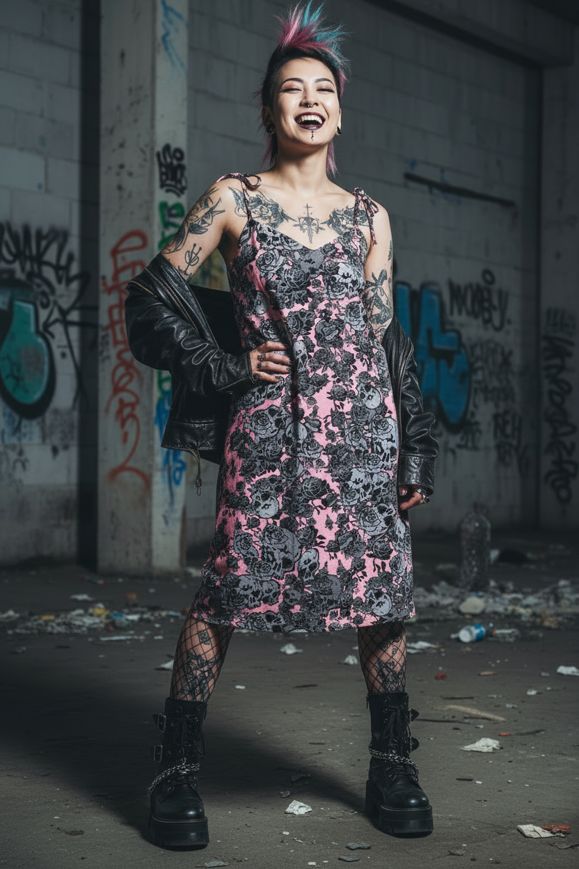 DARK URCHIN 'Skull Storm' Tie-strap midi dress. Colour 'Blush' ( Deep Pink) Choice of Sizes.