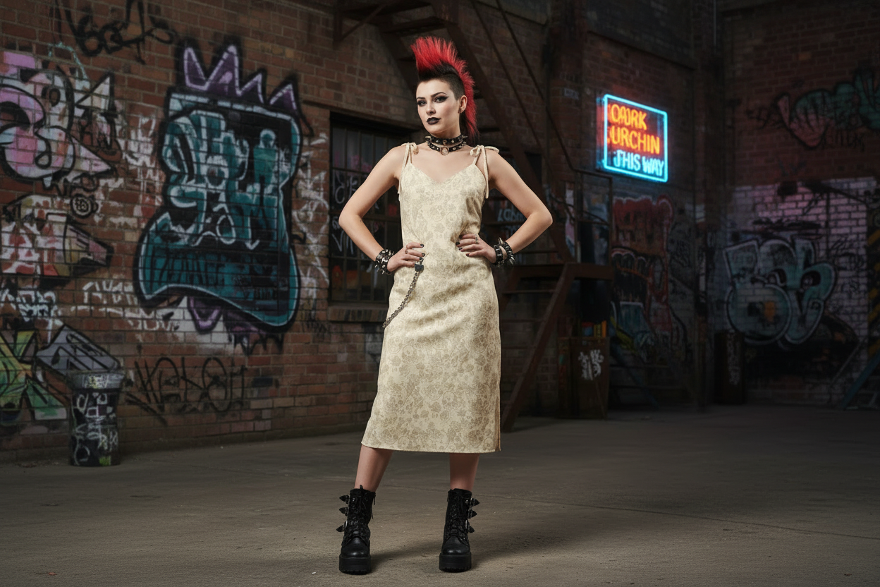 DARK URCHIN SKULL STORM 'IVORY' Colour Biscuit. Tie-strap midi dress