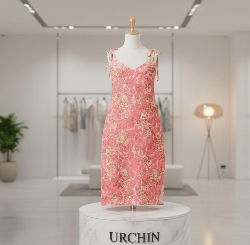 DARK URCHIN SKULL STORM 'STRAWBERRIES & CREAM' Colour 'Blush Pink'. Tie-strap midi dress