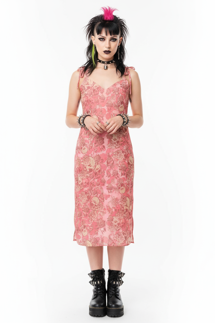 DARK URCHIN SKULL STORM 'STRAWBERRIES & CREAM' Colour 'Blush Pink'. Tie-strap midi dress