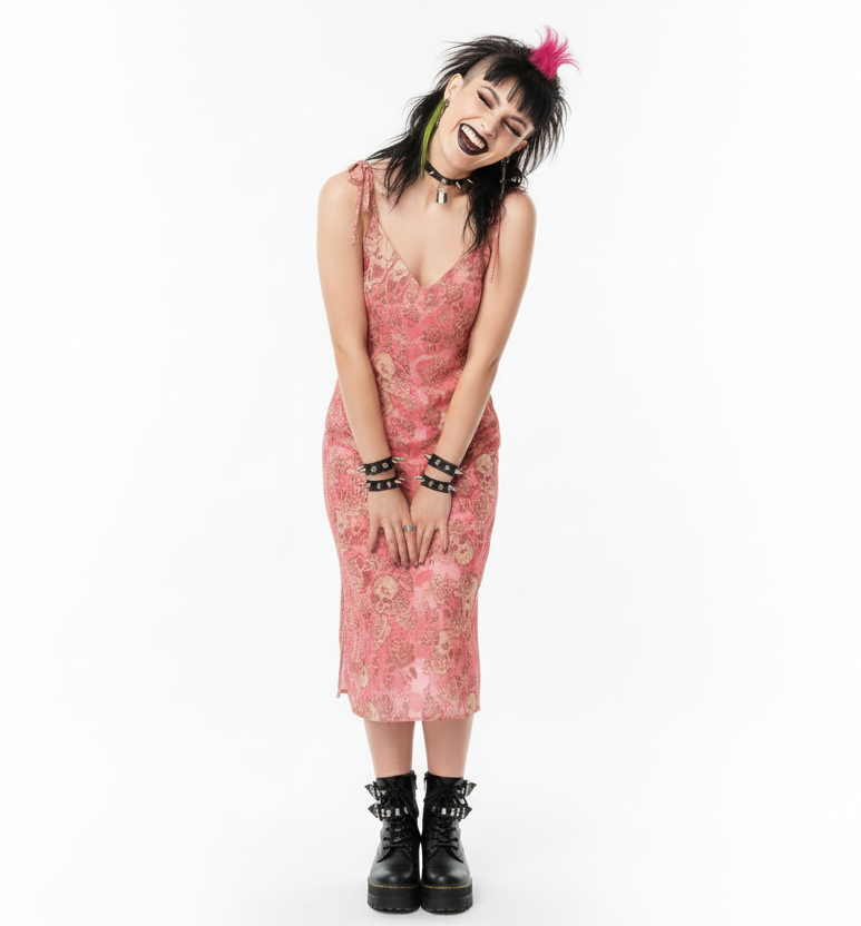 DARK URCHIN SKULL STORM 'STRAWBERRIES & CREAM' Colour 'Blush Pink'. Tie-strap midi dress