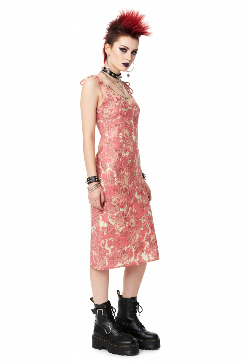 DARK URCHIN SKULL STORM 'STRAWBERRIES & CREAM' Colour- 'Champagne'. Tie-strap midi dress