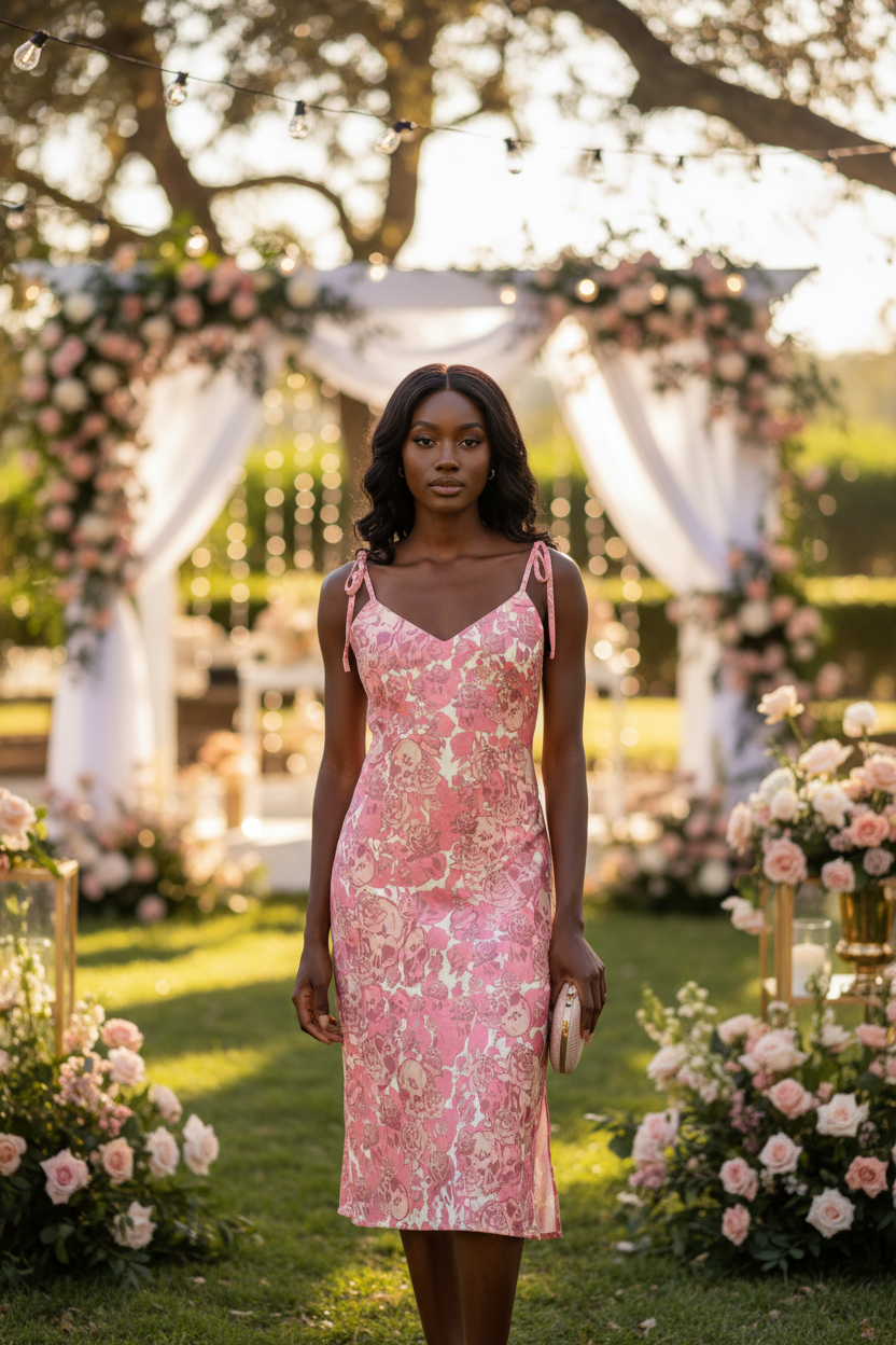 DARK URCHIN SKULL STORM 'STRAWBERRIES & CREAM' Colour- 'Champagne'. Tie-strap midi dress