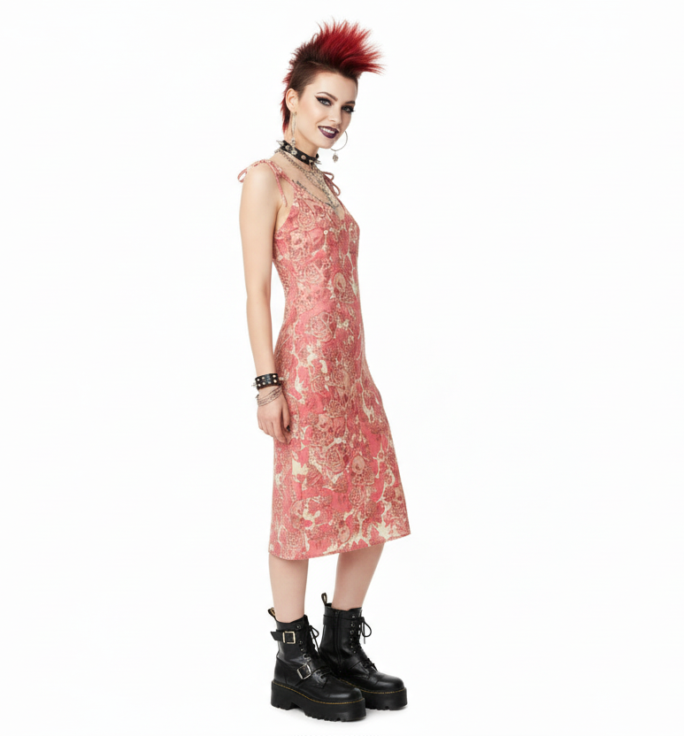 DARK URCHIN SKULL STORM 'STRAWBERRIES & CREAM' Colour- 'Champagne'. Tie-strap midi dress