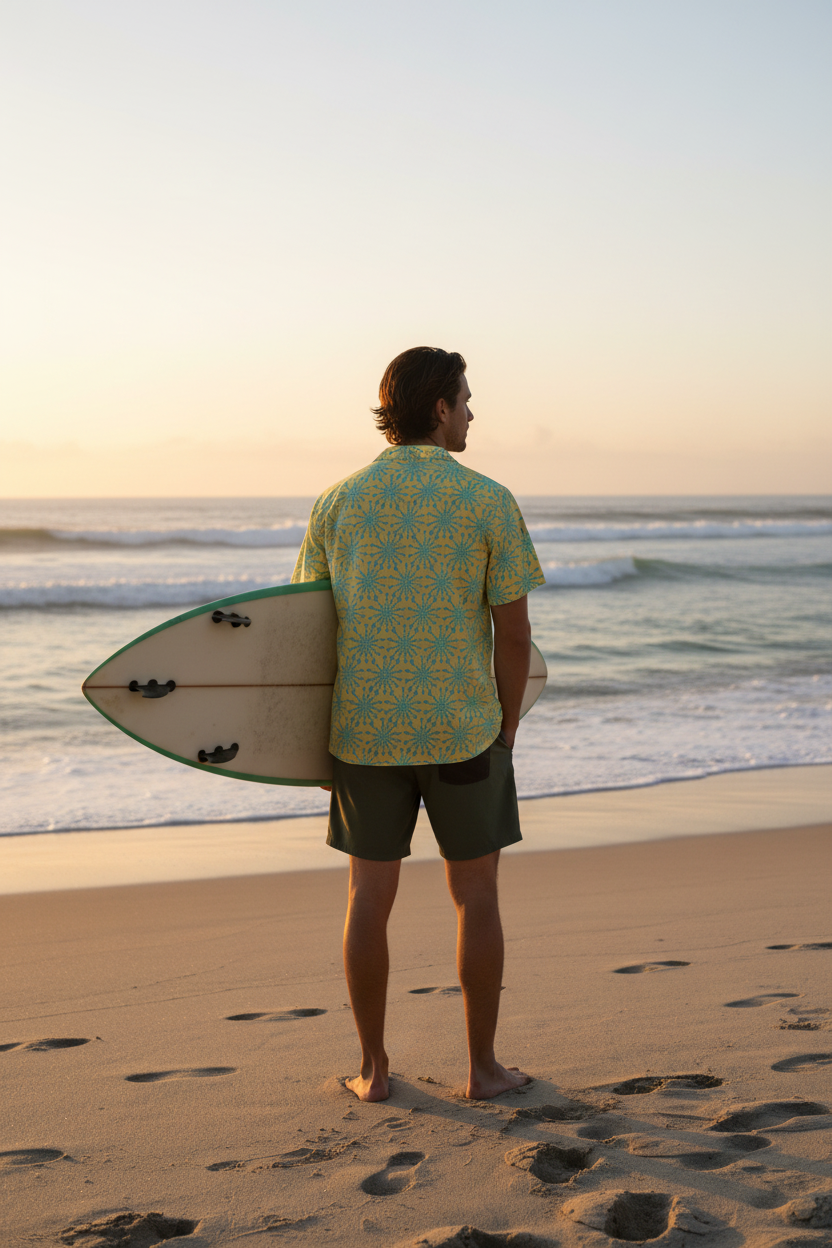 URCHIN 'U FIREWORK'. BLUE/PINEAPPLE Unisex button shirt. Multiple Sizes.