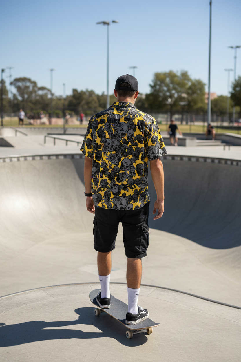 DARK URCHIN-'U Skull Storm' Unisex Shirt. Colour 'Mango' ( Deep Yellow ) White Logo.
