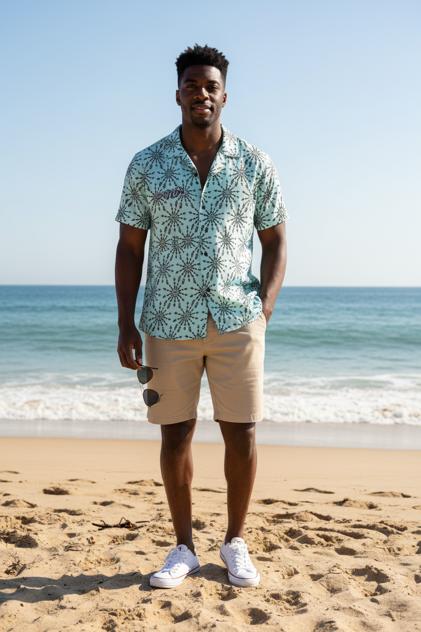 URCHIN 'U FIREWORK'. BLACK/SKY Unisex button shirt. Multiple Sizes.