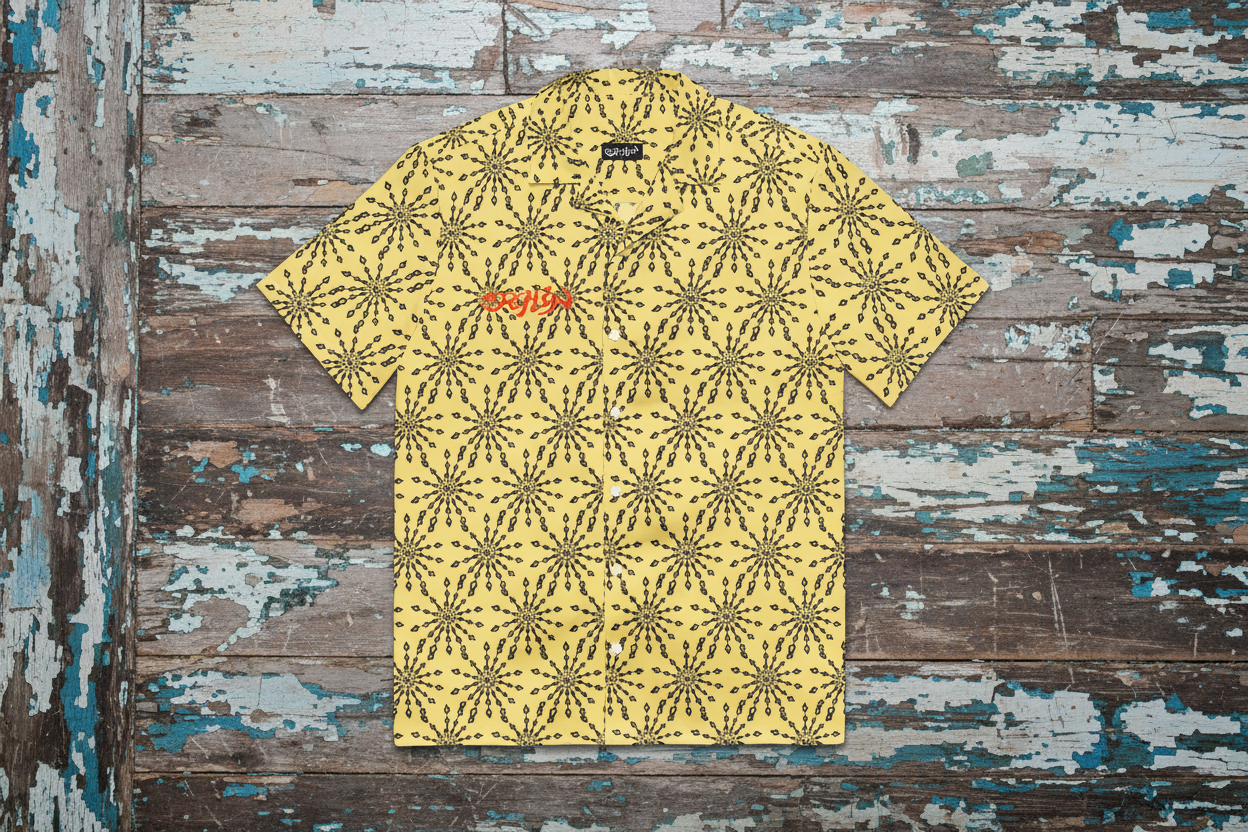 URCHIN 'U FIREWORK'. BLACK/PINEAPPLE Unisex button shirt. Multiple Sizes.