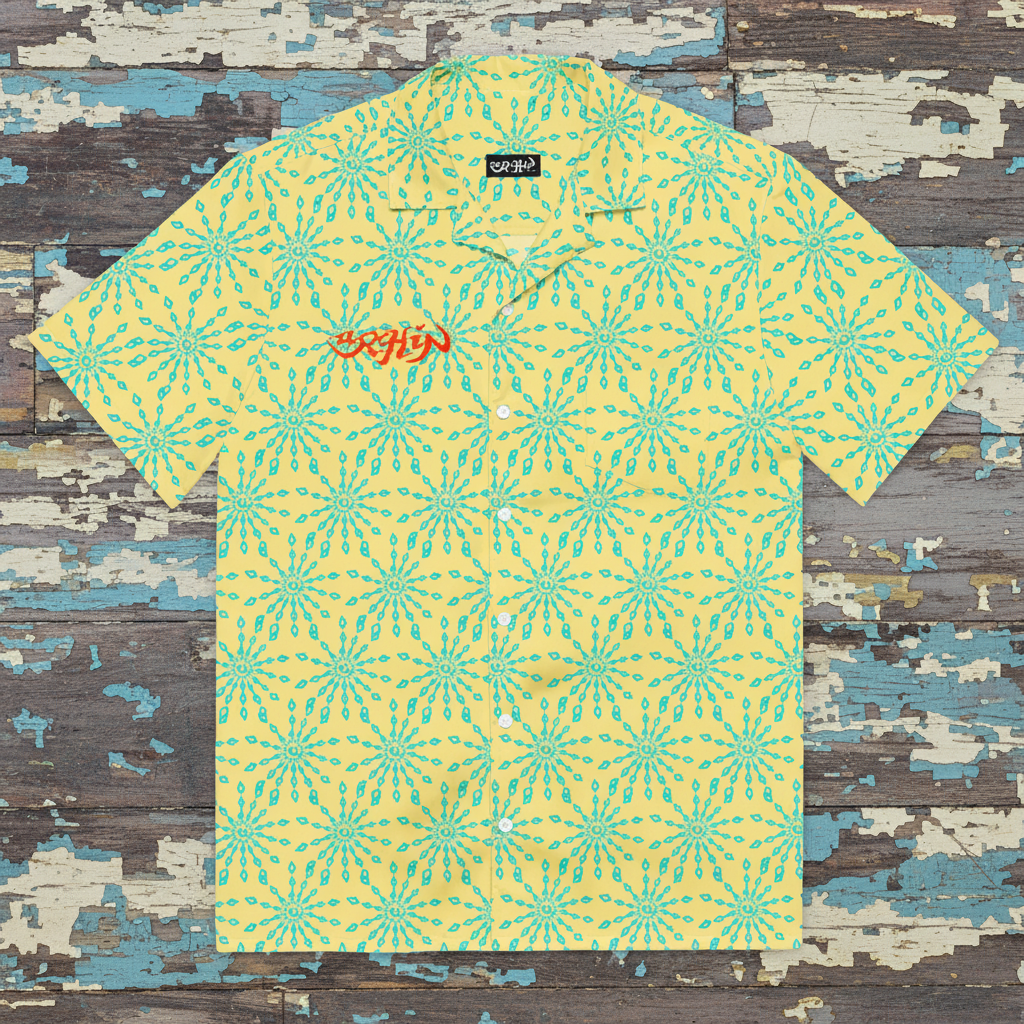 URCHIN 'U FIREWORK'. BLUE/PINEAPPLE Unisex button shirt. Multiple Sizes.