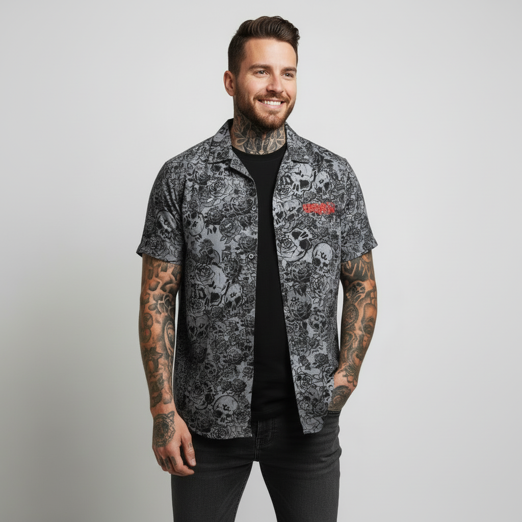 DARK URCHIN 'Skull Storm' Unisex Shirt. Colour 'Metal' (Grey). Red Logo
